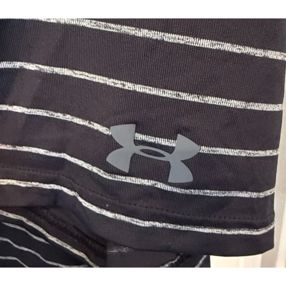 Under Armour Mens XL Polo Shirt Black White Striped Short Sleeve Golf Activewear